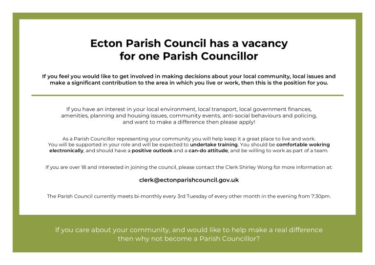 Poster advertising a vacancy for one Parish Councillor at Ecton Parish Council