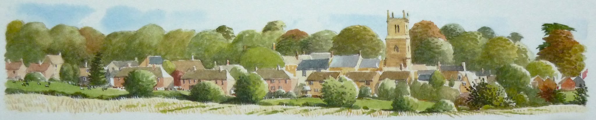 Watercolour panorama of Ecton village and church